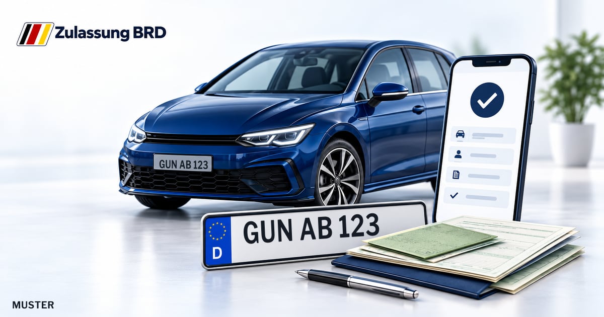 Online Fahrzeugzulassung in Treuchtlingen: Musterkennzeichen GUN AB 123, Auto und Fahrzeugpapiere und Smartphone. Illustration mit Logo von Zulassung BRD.